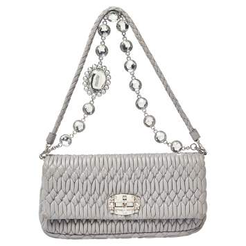 Pre Owned Miu Miu Grey Matelassé Leather Crystal Flap Shoulder Bag