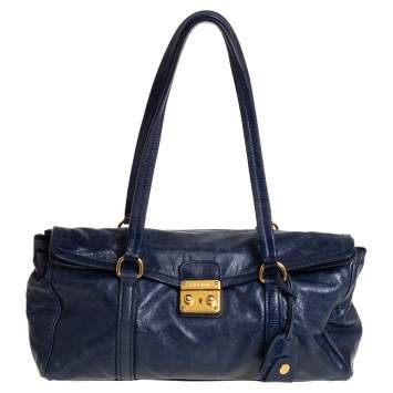 Pre Owned Miu Miu Navy Blue Glazed Leather Flap Push Lock Satchel