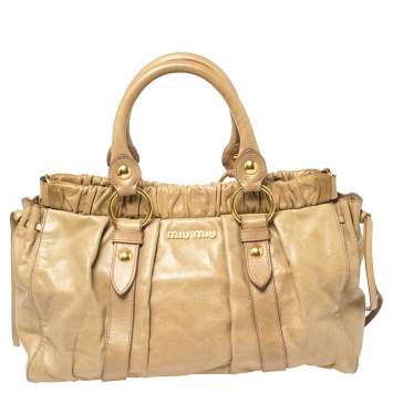 Pre Owned Miu Miu Beige Vitello Leather Gathered Tote