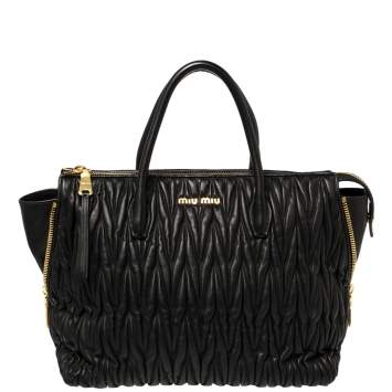 Pre Owned Miu Miu Black Matelassé Leather Side Zip Tote