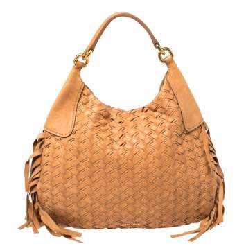Pre Owned Miu Miu Brown Woven Leather Fringe Hobo
