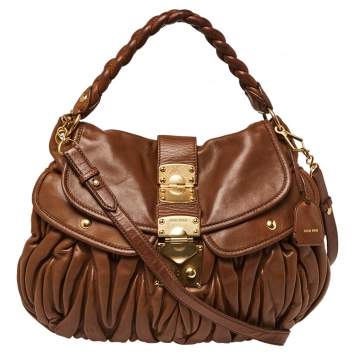 Pre Owned Miu Miu Brown Matelassé Leather Coffer Hobo