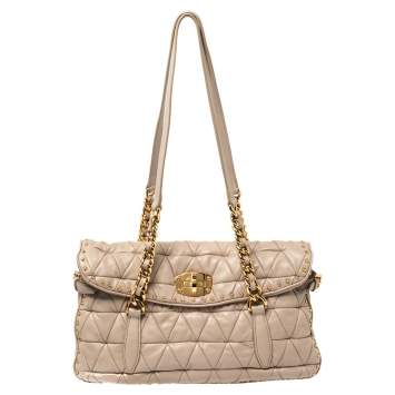 Pre Owned Miu Miu Beige Quilted Leather Studded Flap Shoulder Bag