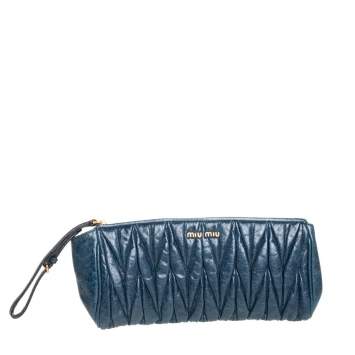 Pre Owned Miu Miu Blue Matelassé Leather Wristlet Clutch