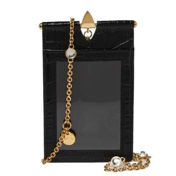 Pre Owned Miu Miu Black Croc Embossed Chain Leather Badge Holder  