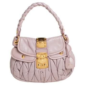 Pre Owned Miu Miu Pale Pink Matelassé Leather Small Coffer Hobo