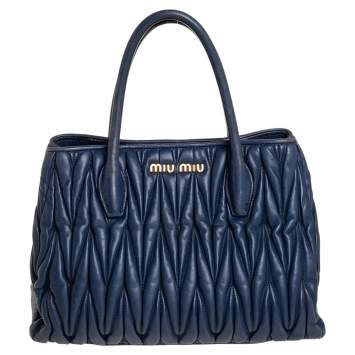 Pre Owned Miu Miu Navy Blue Matelassé Leather Snap Tote