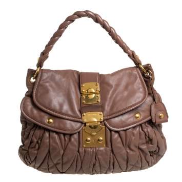 Pre Owned Miu Miu Brown Matelassé Leather Coffer Hobo