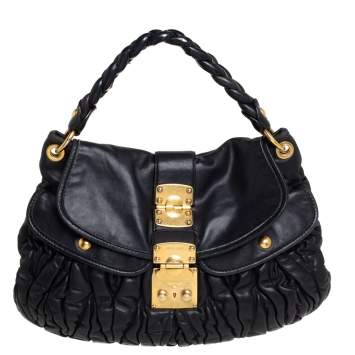 Pre Owned Miu Miu Black Matelassé Lux Leather Coffer Hobo
