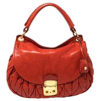 Pre Owned Miu Miu Burnt Orange Matelassé Leather Small Coffer Hobo