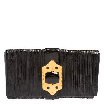 Pre Owned Miu Miu Black Pleated Patent Leather Clutch