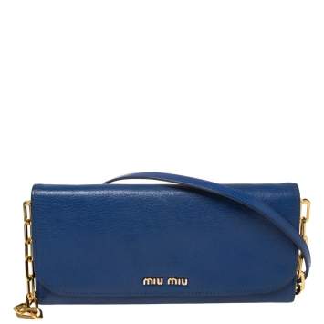 Pre Owned Miu Miu Blue Madras Leather Logo Flap Wallet on Chain