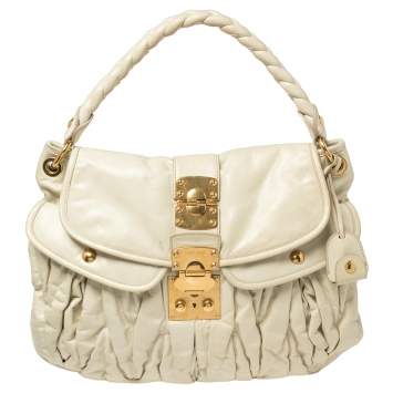 Pre Owned Miu Miu Off White Matelassé Leather Coffer Hobo