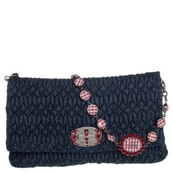 Pre Owned Miu Miu Blue Matelassé Denim and Leather Crystal Shoulder Bag