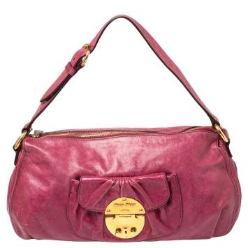 Pre Owned Miu Miu Magenta Leather Front Pocket Hobo