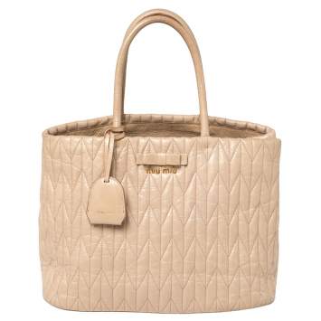 Pre Owned Miu Miu Beige Matelassé Leather Bow Tote