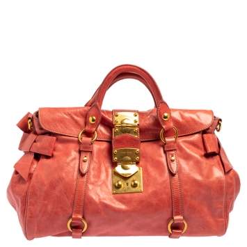 Pre Owned Miu Miu Coral Orange Vitello Lux Leather Bow Satchel