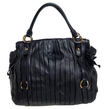 Pre Owned Miu Miu Black Pleated Leather Tote 