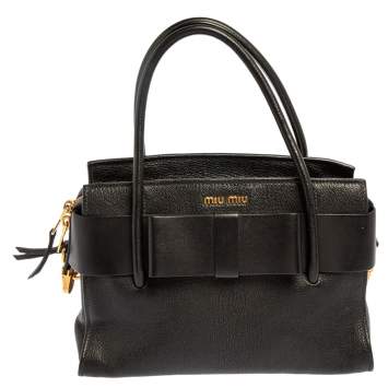 Pre Owned Miu Miu Black Leather Fiocco Bow Tote