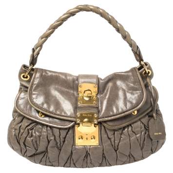 Pre Owned Miu Miu Grey Matelassé Leather Coffer Hobo