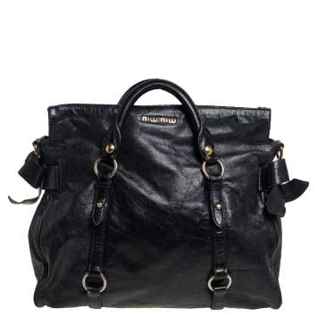 Pre Owned Miu Miu Black Vitello Lux Leather Bow Satchel