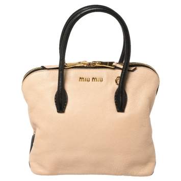 Pre Owned Miu Miu Beige/Black Madras Leather Zip Bauletto Satchel