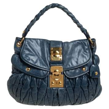 Pre Owned Miu Miu Teal Blue Matelassé Leather Coffer Hobo