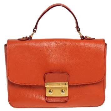 Pre Owned Miu Miu Orange Madras Leather Push Lock Flap Top Handle Bag