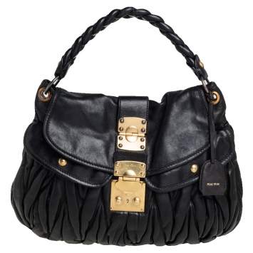Pre Owned Miu Miu Black Matelassé Lux Leather Coffer Hobo