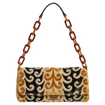 Pre Owned Miu Miu Mustard/Green Velvet and Canvas Flap Tortoise Handle Bag