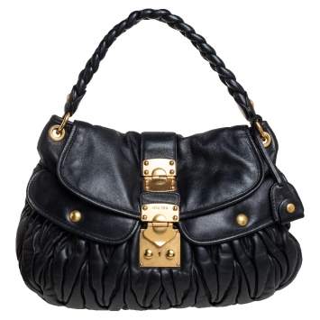 Pre Owned Miu Miu Black Matelassé Leather Coffer Hobo