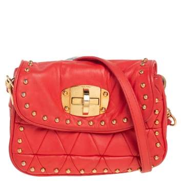 Pre Owned Miu Miu Orange Leather Studded Crossbody Bag