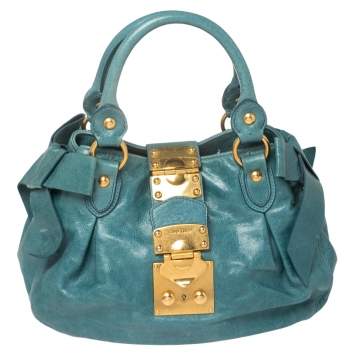 Pre Owned Miu Miu Blue Distressed Leather Bow Satchel