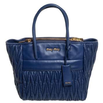 Pre Owned Miu Miu Blue Matelassé Leather Double Zip Tote
