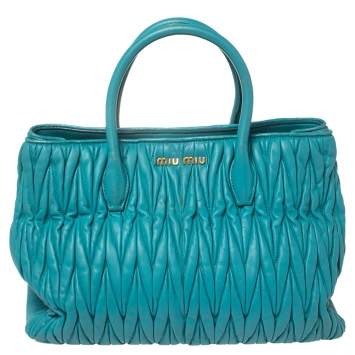 Pre Owned Miu Miu Aqua Blue Matelassé Leather Snap Tote