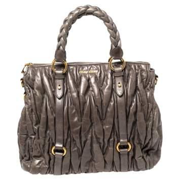 Pre Owned Miu Miu Grey Matelassé Glazed Leather Zip Tote