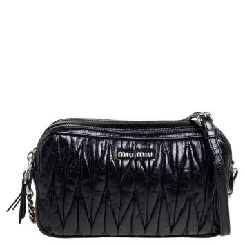 Pre Owned Miu Miu Black Shine Matelasse Leather Double Zip Crossbody Bag