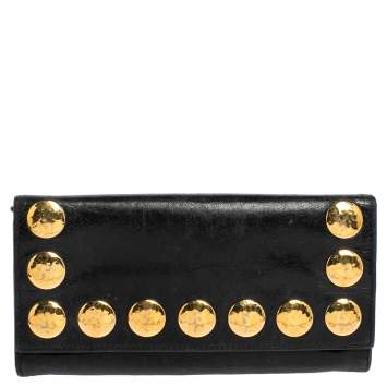 Pre Owned Miu Miu Black Crackled Leather Studded Continental Wallet