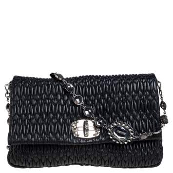 Pre Owned Miu Miu Black Matelassé Leather Crystal Embellished Shoulder Bag