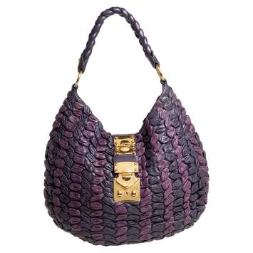 Pre Owned Miu Miu Purple/Dark Plum Woven Leather Push Lock Flap Hobo