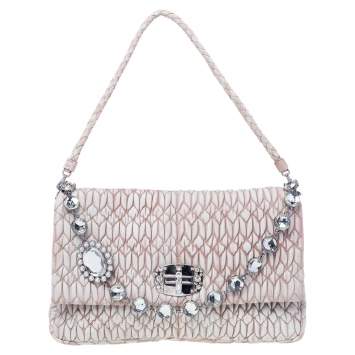 Pre Owned Miu Miu Beige Leather Crystal Embellished  Matelassé Shoulder Bag