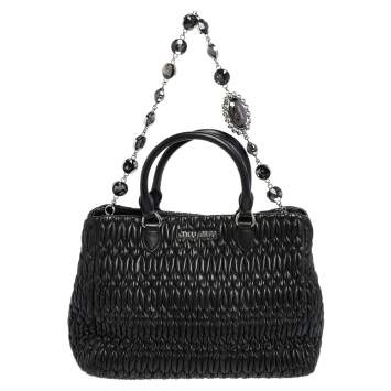 Pre Owned Miu Miu Black Matelasse Nappa Leather Crystal Tote