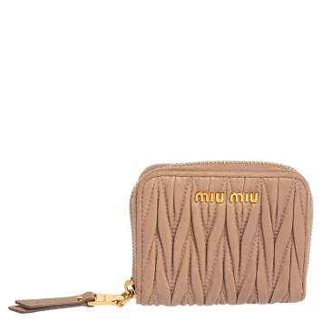 Pre Owned Miu Miu Dusty Pink Matelassé Leather Zip Around Compact Wallet