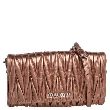 Pre Owned Miu Miu Metallic Bronze Matelasse Leather Flap Crossbody Bag