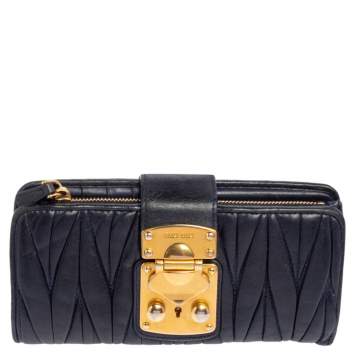 Pre Owned Miu Miu Navy Blue Matelassé Leather Clasp Lock Continental Wallet