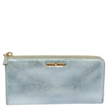 Pre Owned Miu Miu Metallic Blue Leather Zip Around Wallet