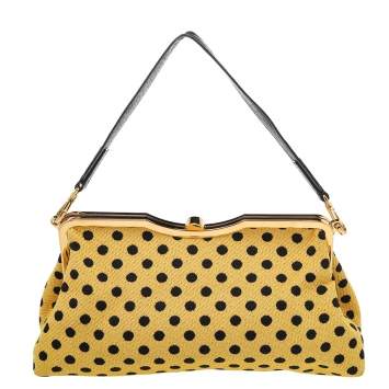 Pre Owned Miu Miu Yellow/Black Knit Fabric Polka Dot Metal Frame Bag