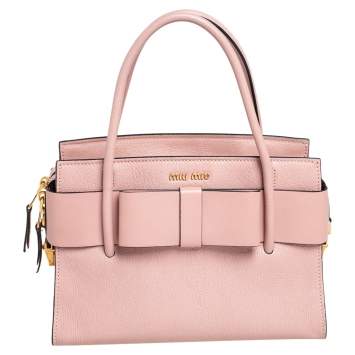 Pre Owned Miu Miu Pink Leather Madras Fiocco Bow Tote