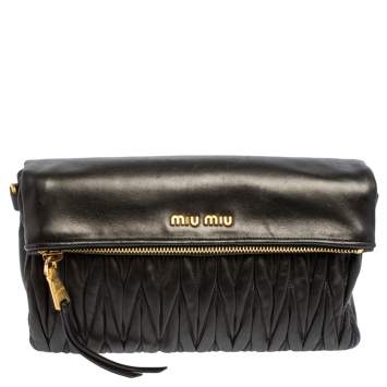 Pre Owned Miu Miu Black Metalasse Leather Zipper Flap Shoulder Bag