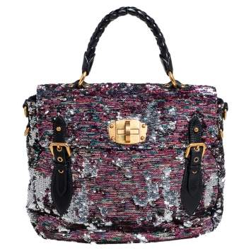 Pre Owned Miu Miu Multicolor Paillette Sequins Turnlock Top Handle Bag